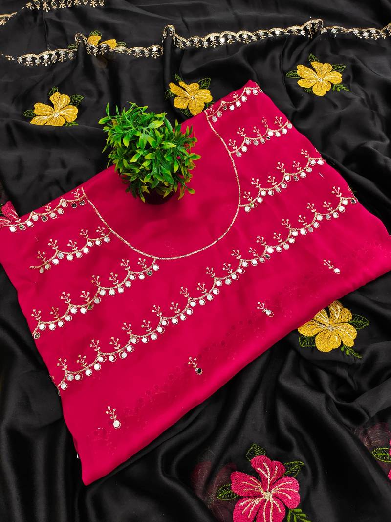 Black rangoli silk embroidery work party wear designer saree