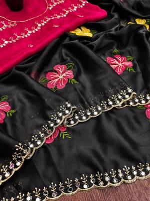 Black rangoli silk embroidery work party wear designer saree 3