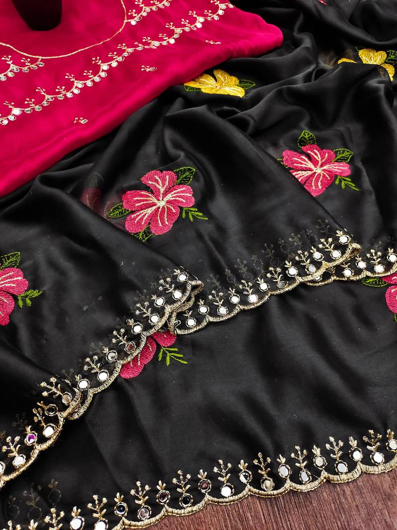 Black rangoli silk embroidery work party wear designer saree