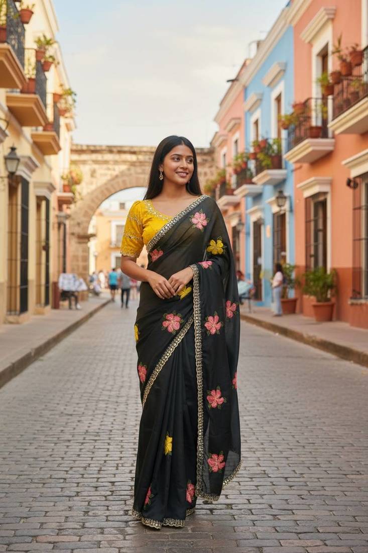 Black rangoli silk embroidery work party wear designer saree