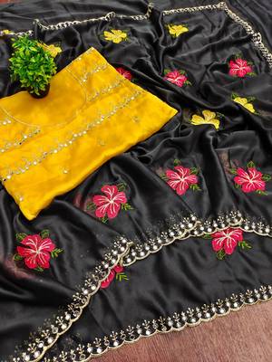 Black rangoli silk embroidery work party wear designer saree 2