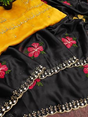 Black rangoli silk embroidery work party wear designer saree 3