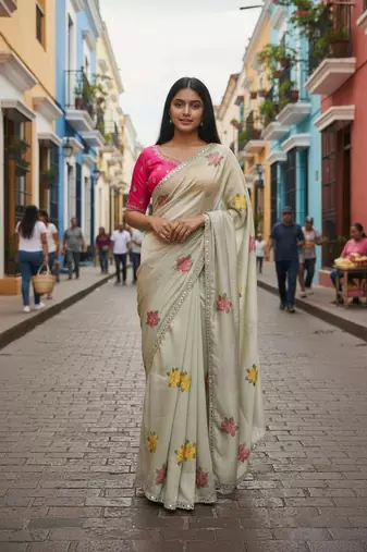 Cream rangoli silk embroidery work party wear designer saree