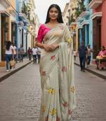 Cream rangoli silk embroidery work party wear designer saree