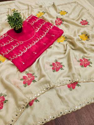Cream rangoli silk embroidery work party wear designer saree 2