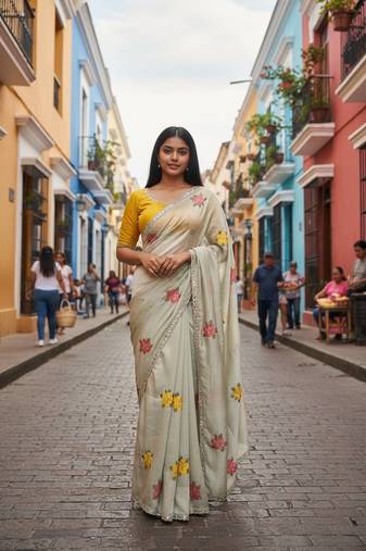 Cream rangoli silk embroidery work party wear designer saree