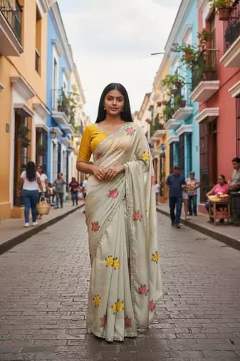 Cream rangoli silk embroidery work party wear designer saree