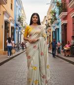 Cream rangoli silk embroidery work party wear designer saree