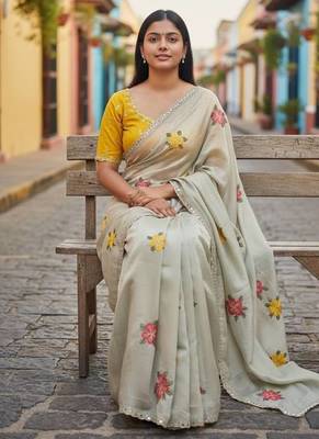 Cream rangoli silk embroidery work party wear designer saree 2