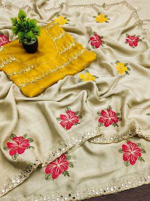 Cream rangoli silk embroidery work party wear designer saree 3