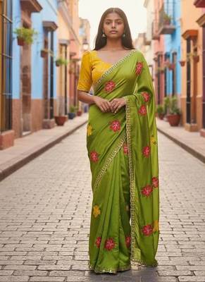 Green rangoli silk embroidery work party wear designer saree 1