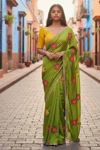 Green rangoli silk embroidery work party wear designer saree