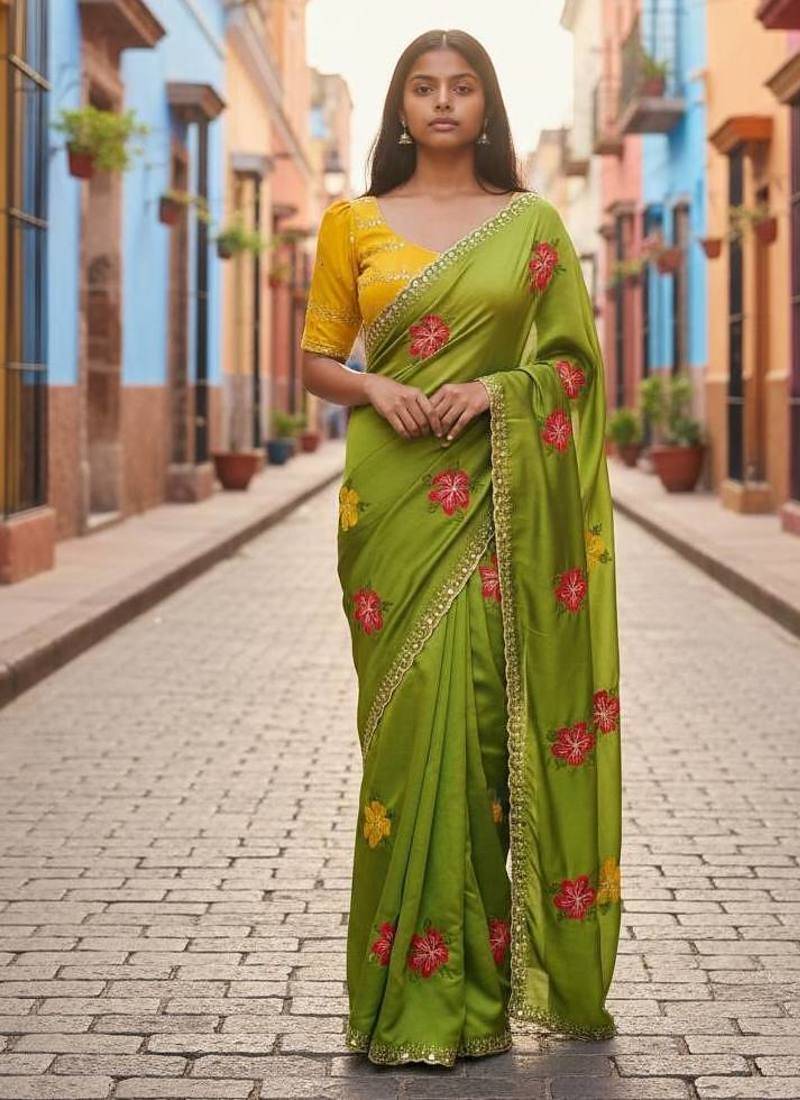 Green rangoli silk embroidery work party wear designer saree
