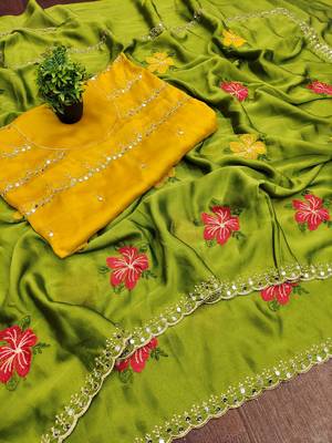 Green rangoli silk embroidery work party wear designer saree 2