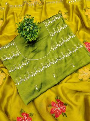 Green rangoli silk embroidery work party wear designer saree 3
