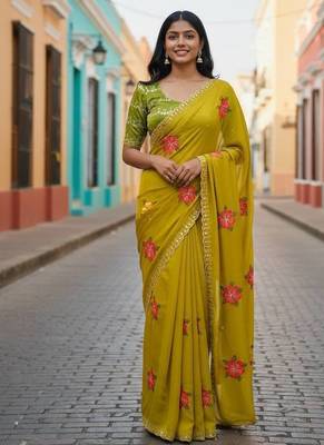 Yellow rangoli silk embroidery work party wear designer saree 1