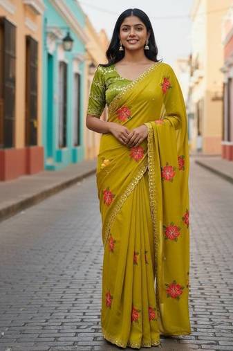 Yellow rangoli silk embroidery work party wear designer saree