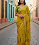 Yellow rangoli silk embroidery work party wear designer saree