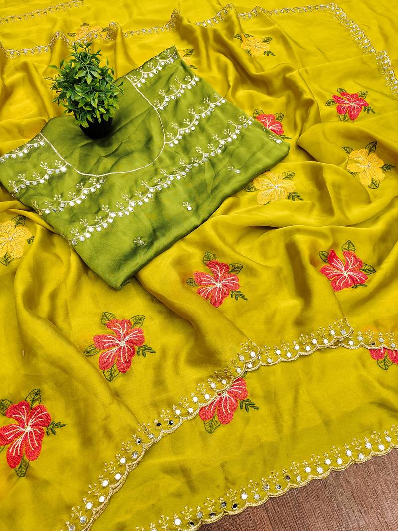 Yellow rangoli silk embroidery work party wear designer saree