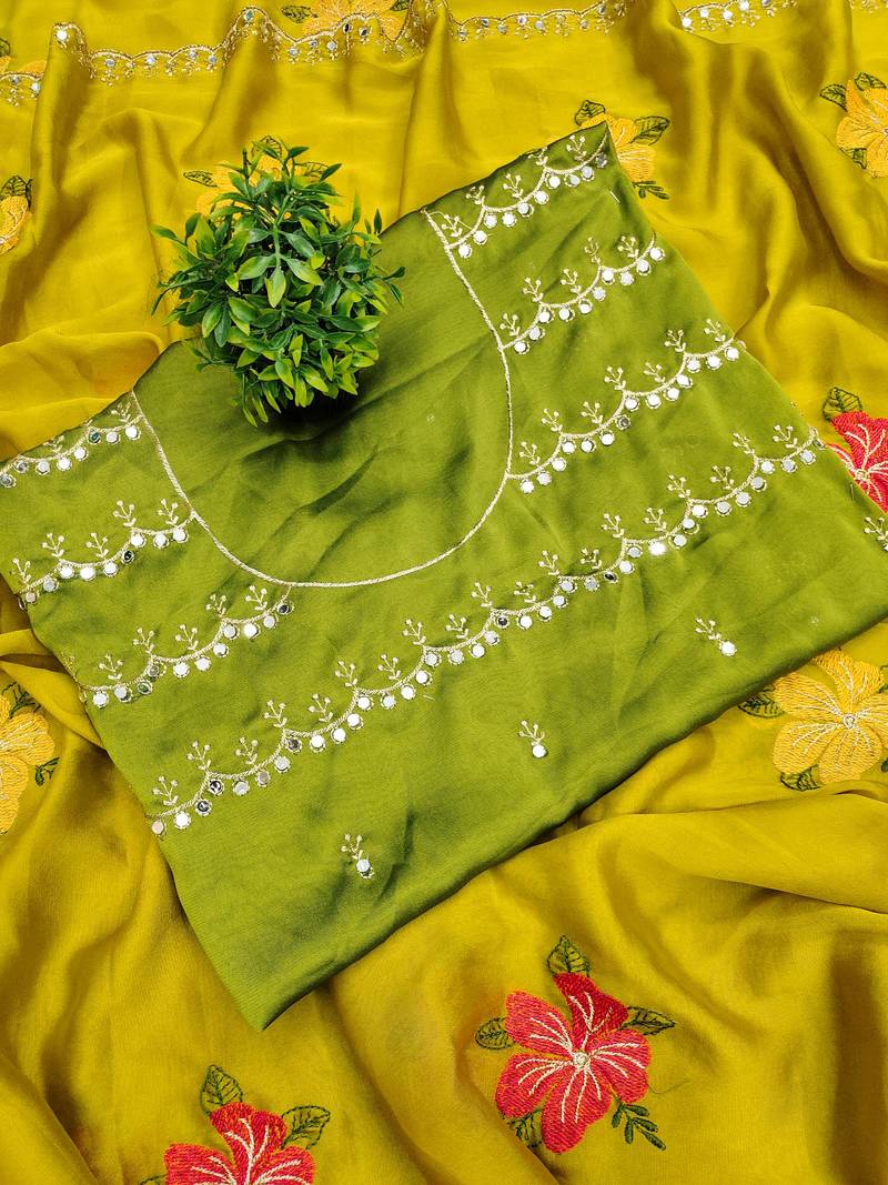 Yellow rangoli silk embroidery work party wear designer saree