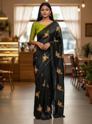 Black rangoli silk embroidery work party wear designer saree 1