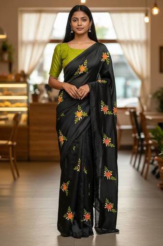 Black rangoli silk embroidery work party wear designer saree
