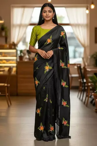 Black rangoli silk embroidery work party wear designer saree