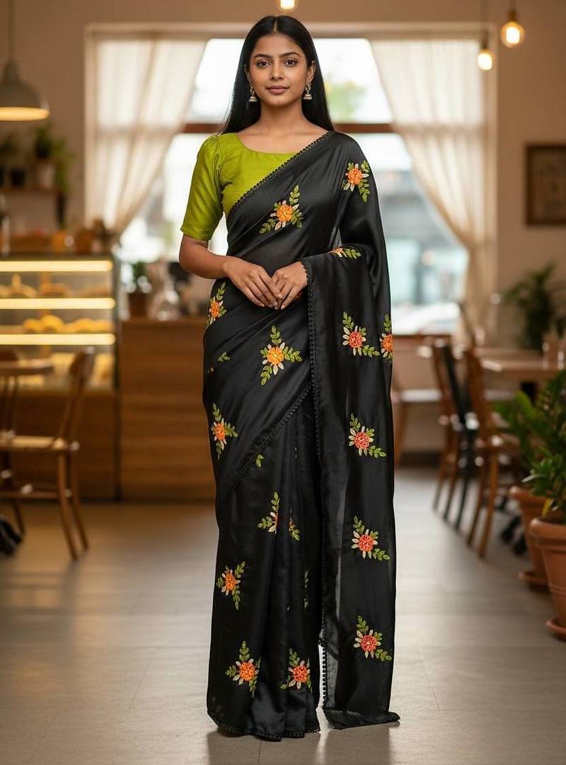 Black rangoli silk embroidery work party wear designer saree