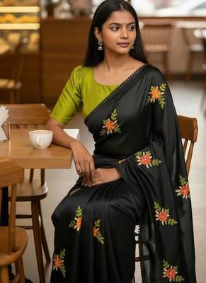 Black rangoli silk embroidery work party wear designer saree 2