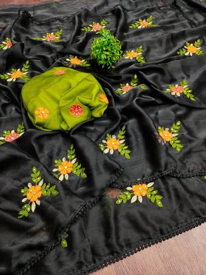 Black rangoli silk embroidery work party wear designer saree 3