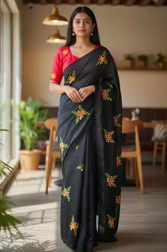 Black rangoli silk embroidery work party wear designer saree