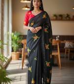 Black rangoli silk embroidery work party wear designer saree