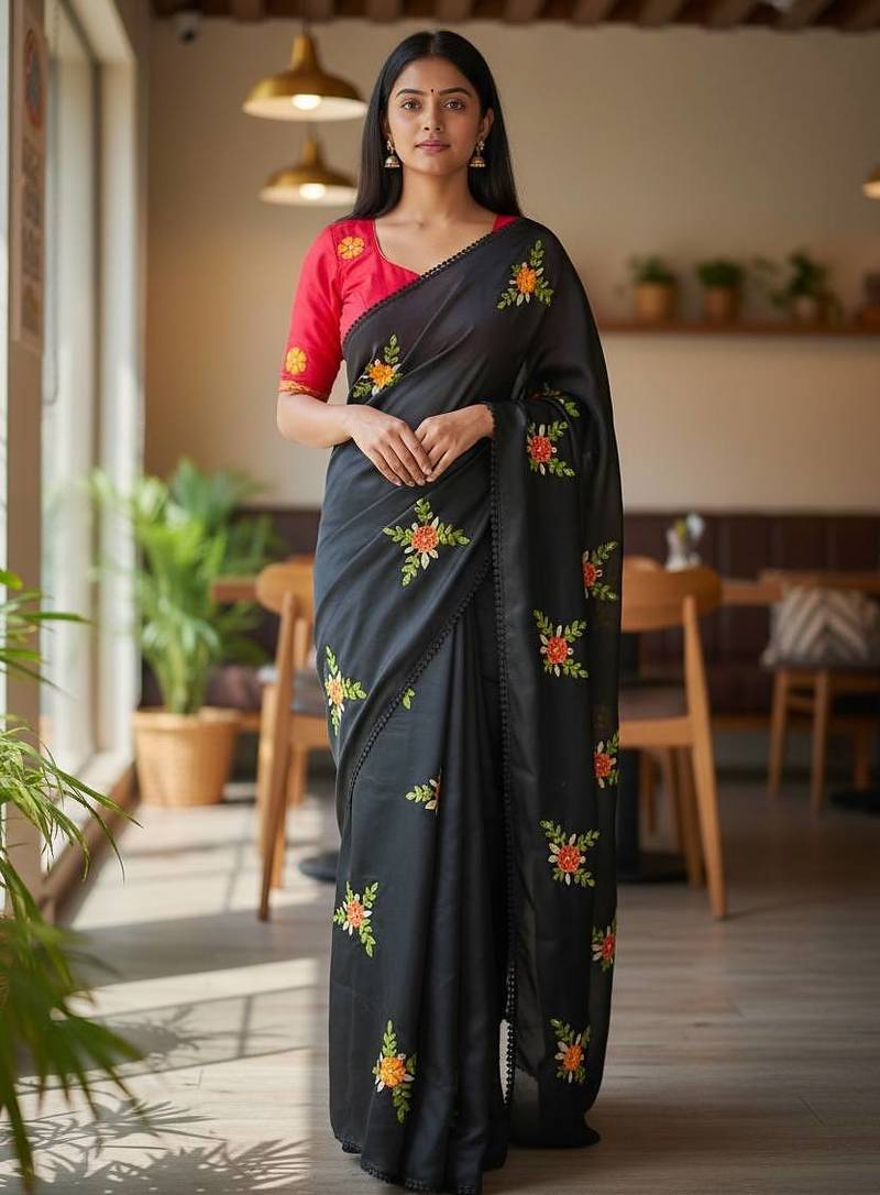 Black rangoli silk embroidery work party wear designer saree
