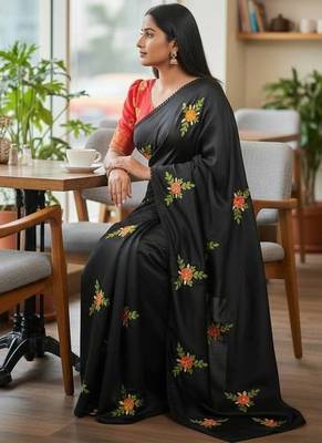Black rangoli silk embroidery work party wear designer saree 2