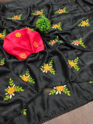 Black rangoli silk embroidery work party wear designer saree 3