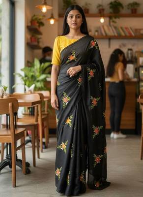 Black rangoli silk embroidery work party wear designer saree 1