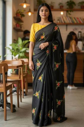 Black rangoli silk embroidery work party wear designer saree