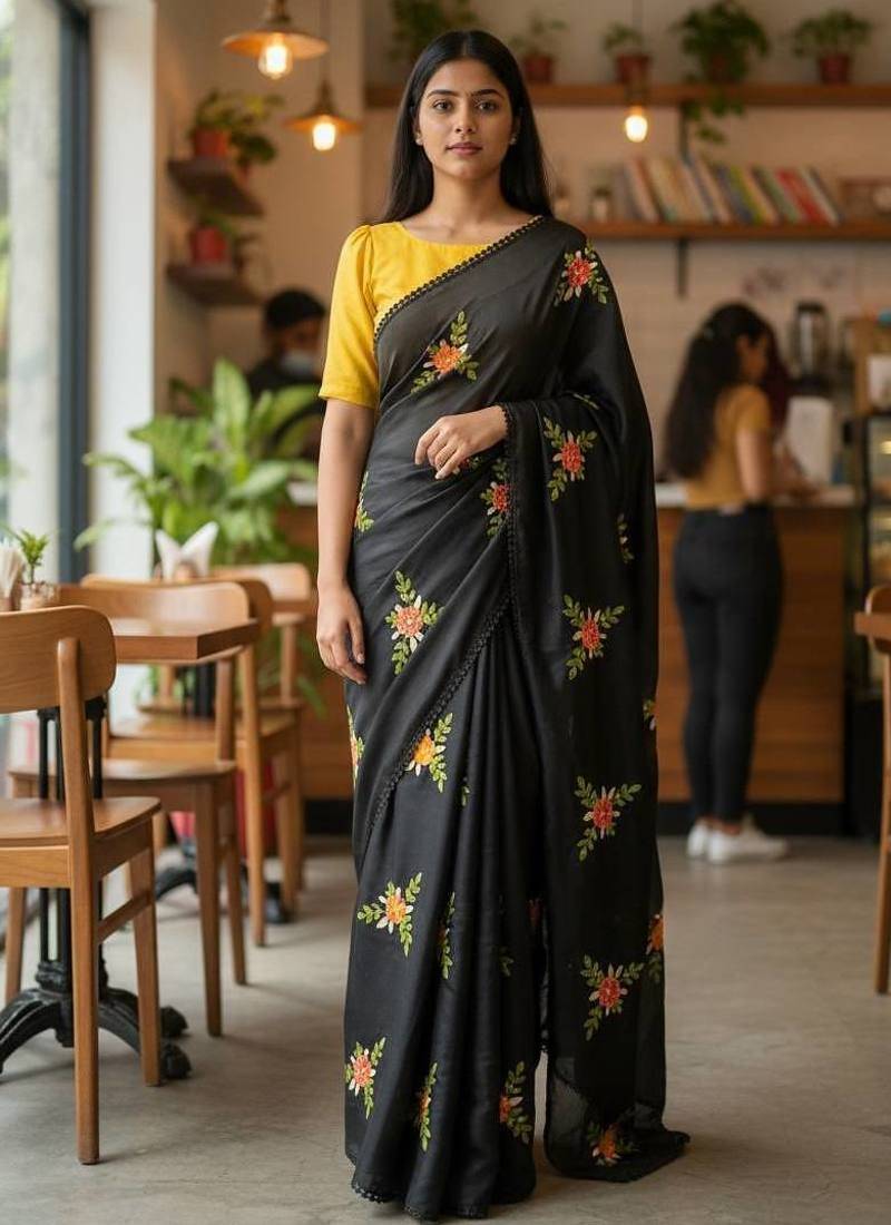 Black rangoli silk embroidery work party wear designer saree