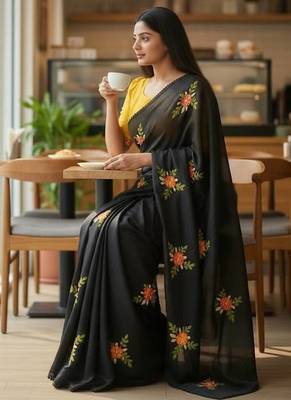 Black rangoli silk embroidery work party wear designer saree 2