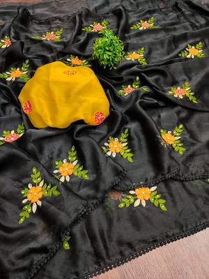 Black rangoli silk embroidery work party wear designer saree 3