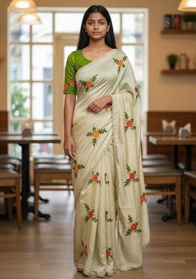 Cream rangoli silk embroidery work party wear designer saree 1