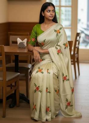 Cream rangoli silk embroidery work party wear designer saree 2