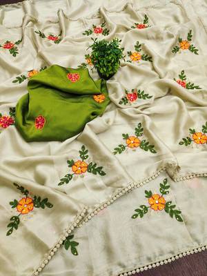 Cream rangoli silk embroidery work party wear designer saree 3