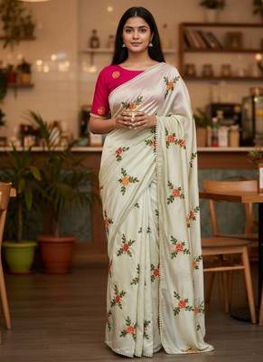 Cream rangoli silk embroidery work party wear designer saree 1