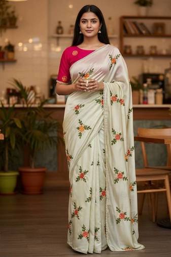 Cream rangoli silk embroidery work party wear designer saree