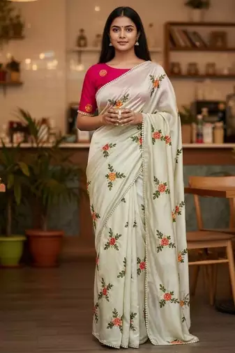 Cream rangoli silk embroidery work party wear designer saree