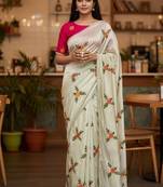 Cream rangoli silk embroidery work party wear designer saree