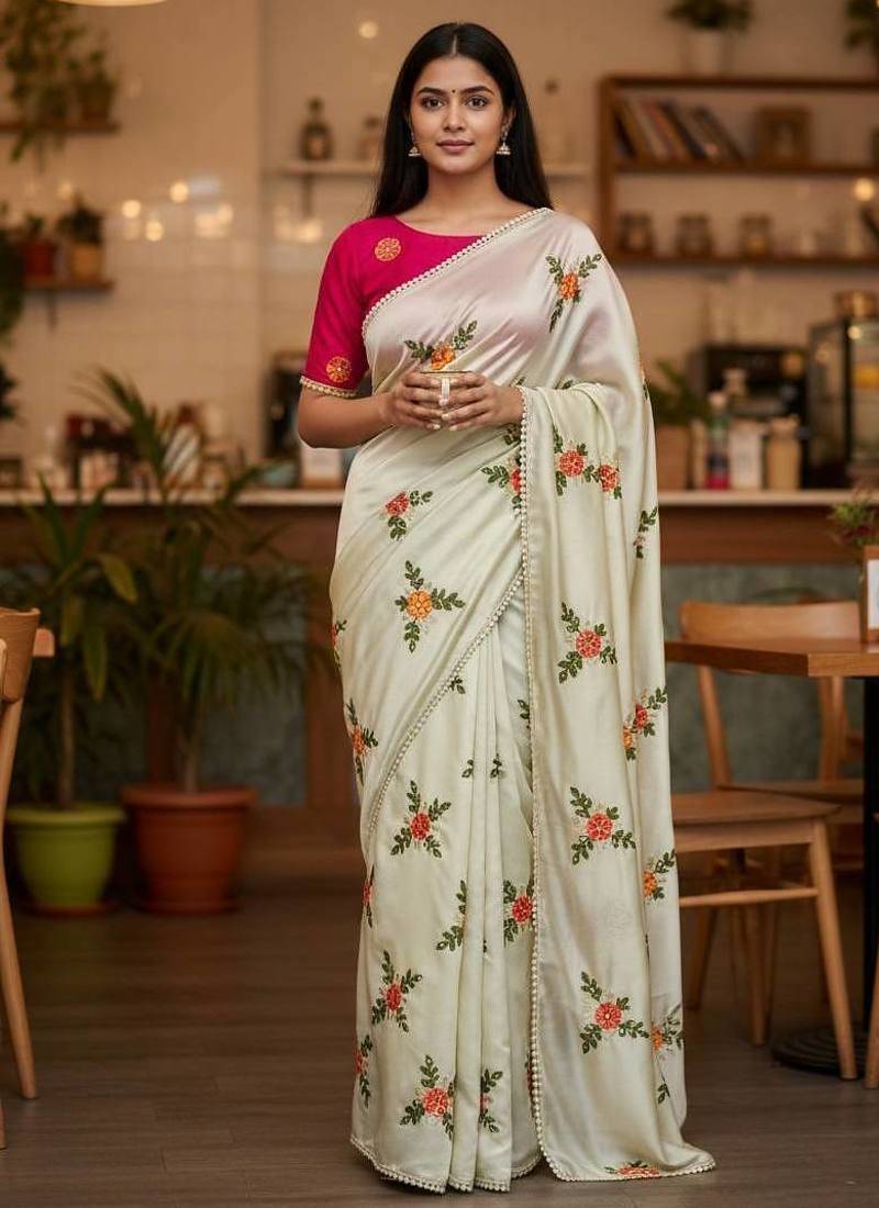 Cream rangoli silk embroidery work party wear designer saree