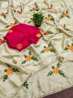 Cream rangoli silk embroidery work party wear designer saree 3