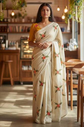 Cream rangoli silk embroidery work party wear designer saree